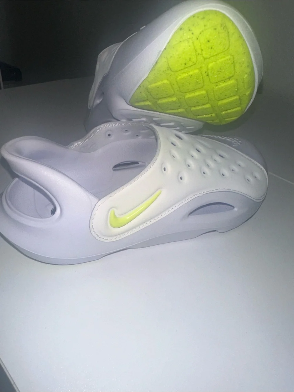 Nike Kids White Clog Sandals with Neon Yellow Swoosh